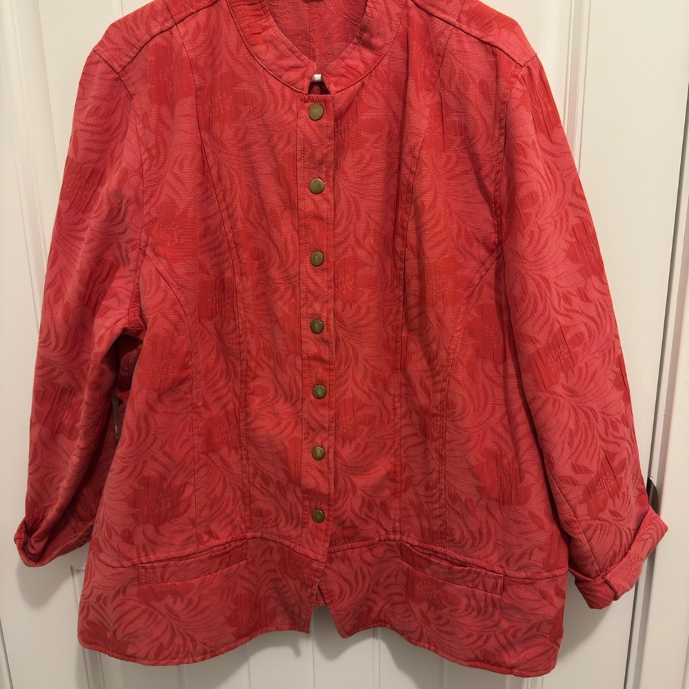CJ Banks‎ Christopher & Banks Coral Red Floral Jacquard Button Front Jacket Plus